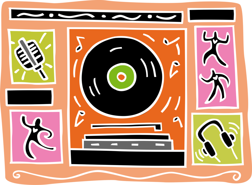 Vector Illustration of Musical Vinyl Record with Turntable, Headphones and Microphone