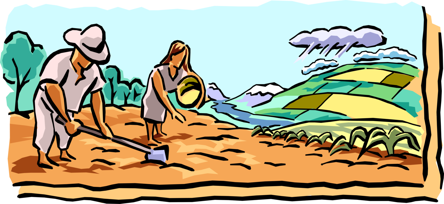 Vector Illustration of Farmers Hoe and Plant Seed Crop by Hand in Field