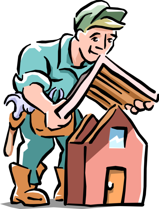 Vector Illustration of Home Improvement Contractor Installing New Roof