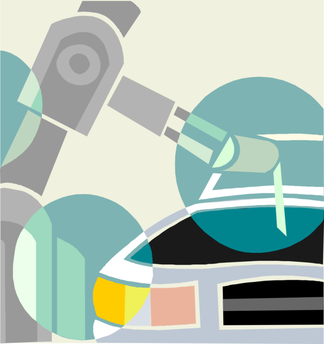 Vector Illustration of Robotic Arm Working on an Automobile Assembly Line