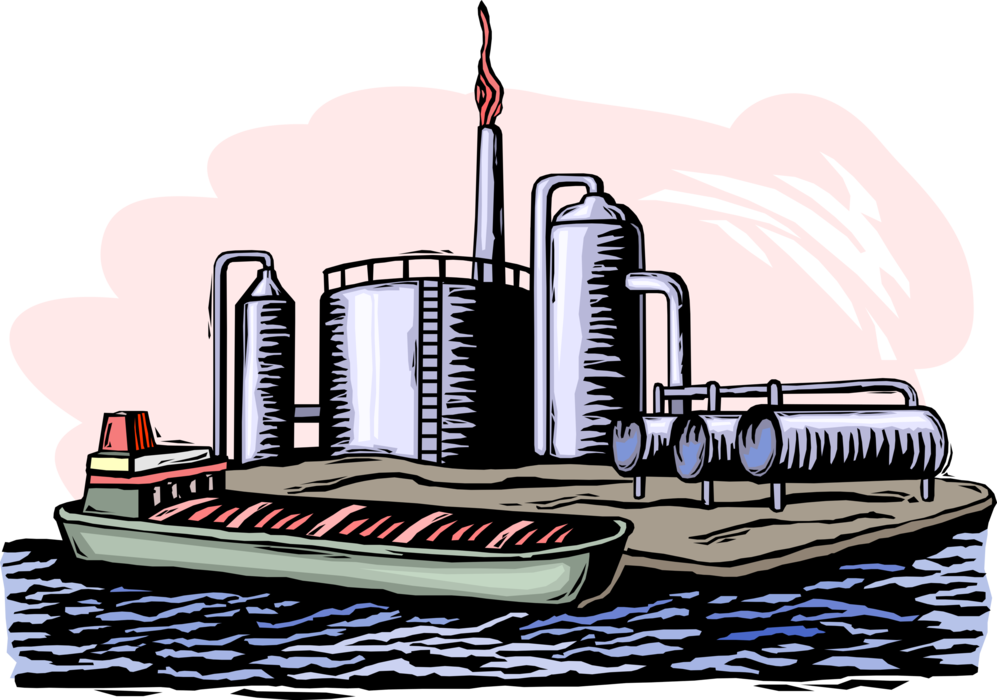 Vector Illustration of Crude Oil Delivered by Tanker Ship Vessel to Refinery Distillation Units