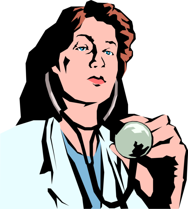 Vector Illustration of Doctor with Stethoscope Listens to Patient's Heartbeat