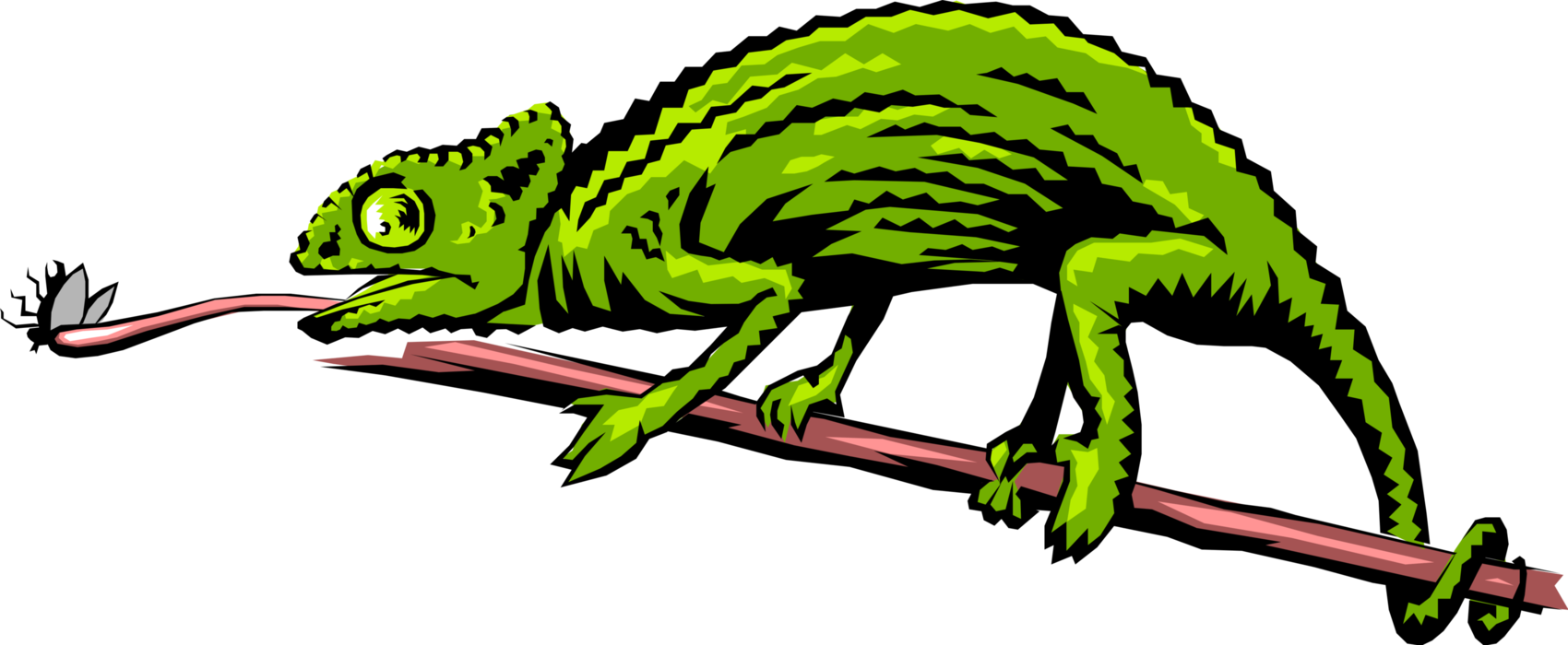 Vector Illustration of Chameleon Lizard Using Tongue to Catch Insect Meal