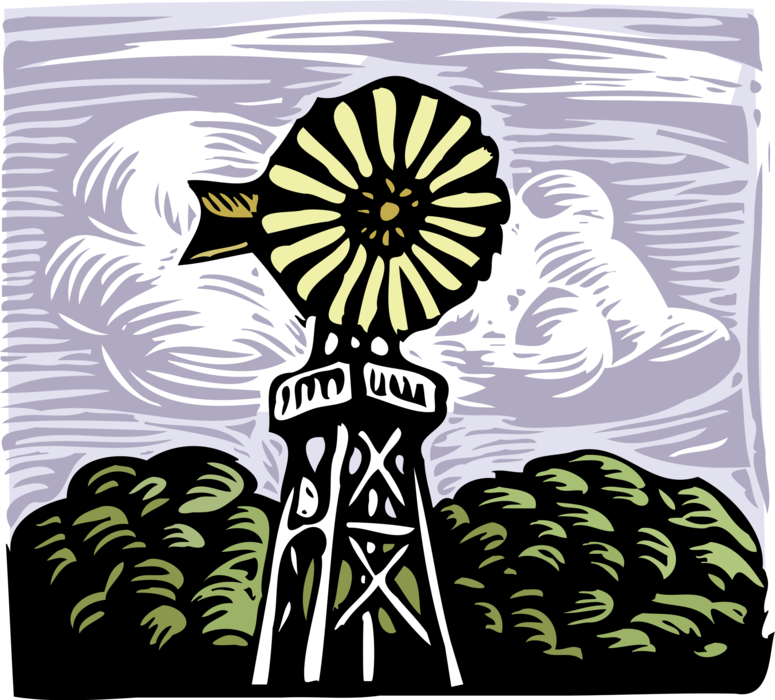 Vector Illustration of American Farm Windmill or Wind Engine Lifts Water from Wells