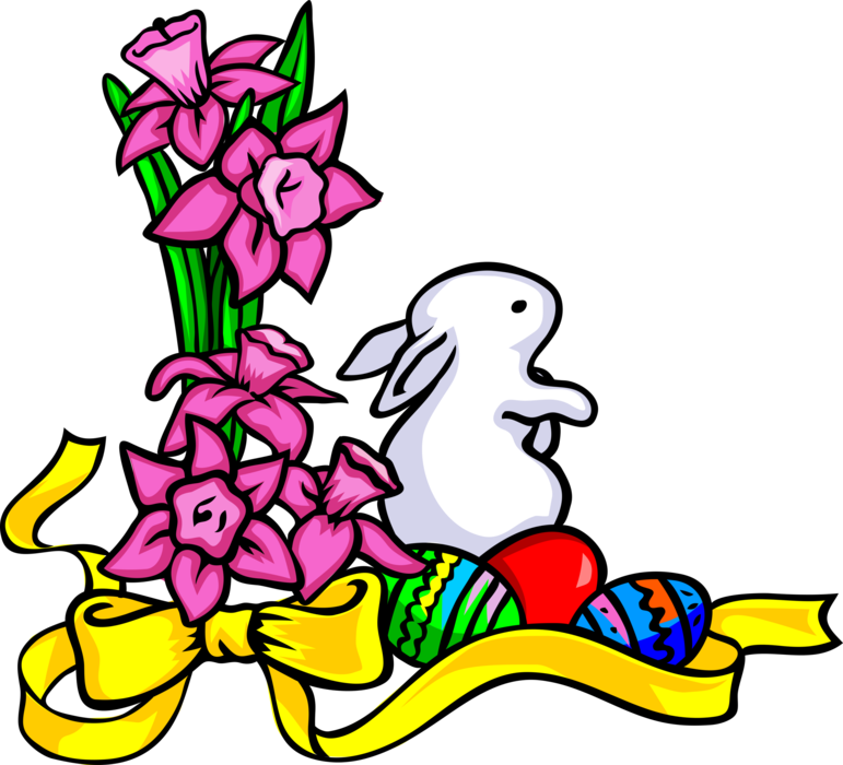 Vector Illustration of Purple Easter Flowers and Yellow Ribbon with Small White Rabbit Bunny