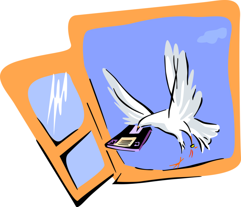 Vector Illustration of Dove with Computer Disk Flying Through Window