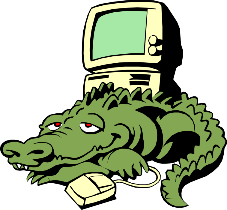 Vector Illustration of Satisfied Alligator Reptile with New Computer