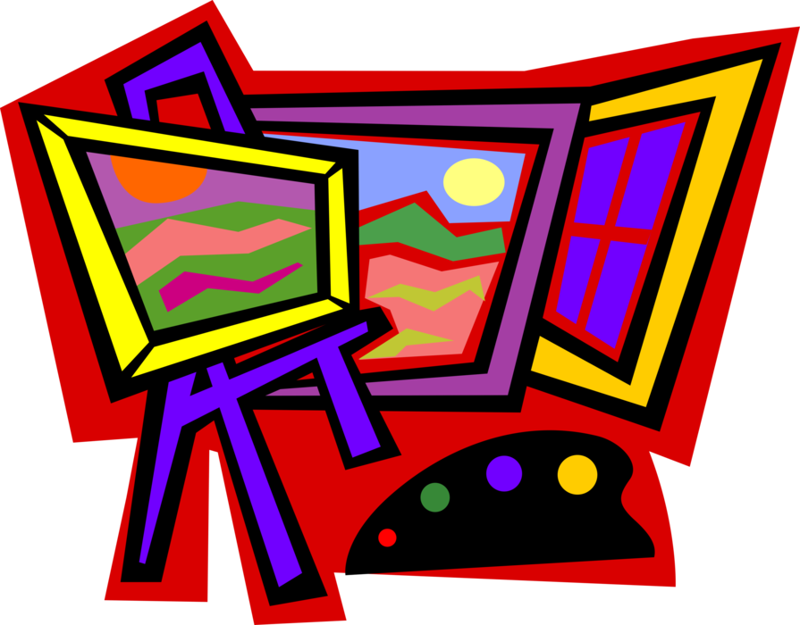 Vector Illustration of Visual Fine Arts Artist's Painting on Easel with Canvas and Palette 