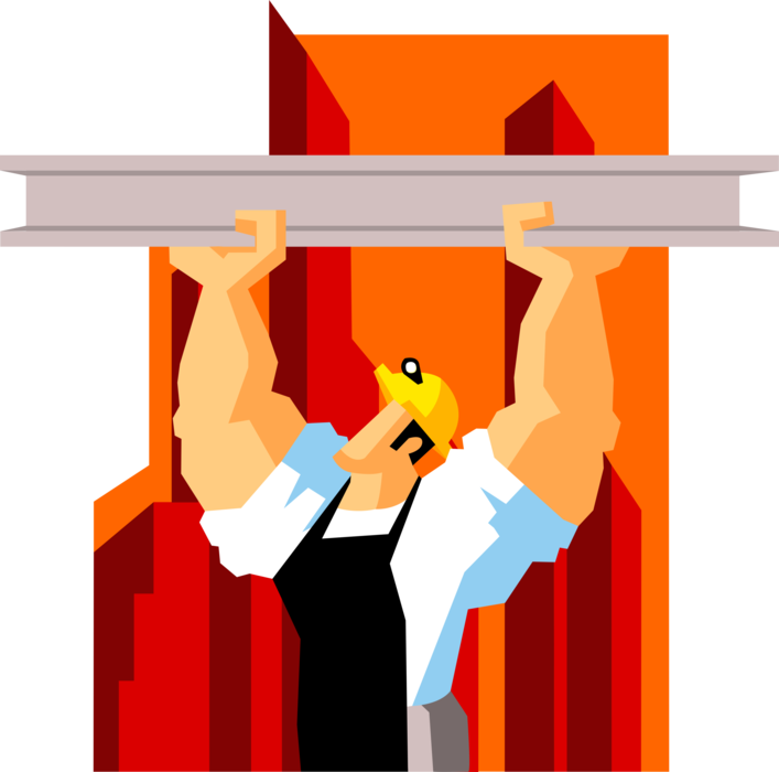 Vector Illustration of Powerful Construction Worker with Jacked Biceps and Forearms Suspending Steel Beam