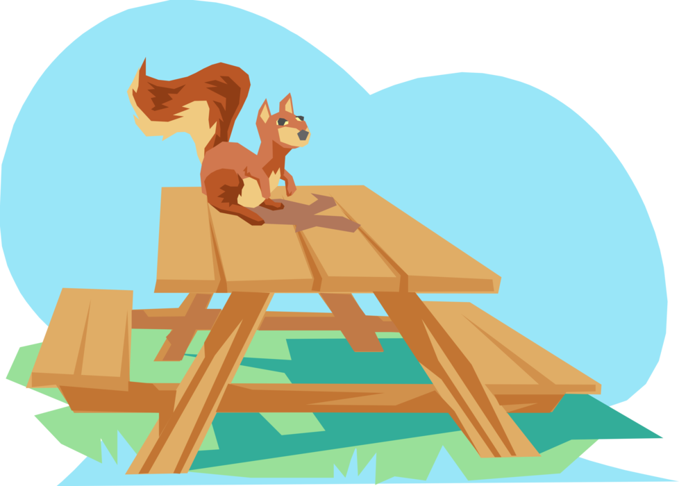 Vector Illustration of Squirrel on Picnic Table with Attached Bench for Eating Meals Outdoors