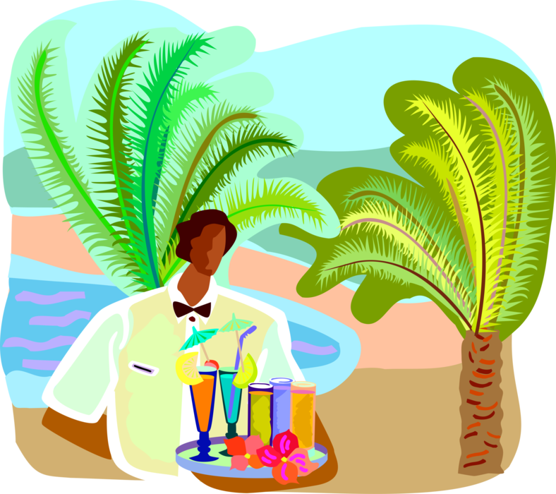 Vector Illustration of Vacation Resort Waiter Serves Tray of Alcohol Beverage Cocktails