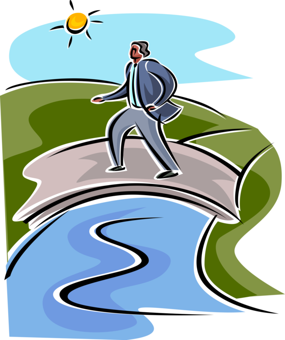 Vector Illustration of Man Crossing Bridge Over Water