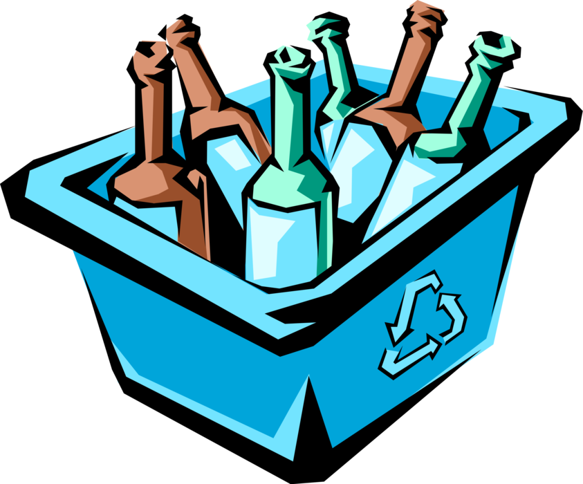Vector Illustration of Recycle Blue Box Receptacle with Glass Bottles with International Recycling Logo
