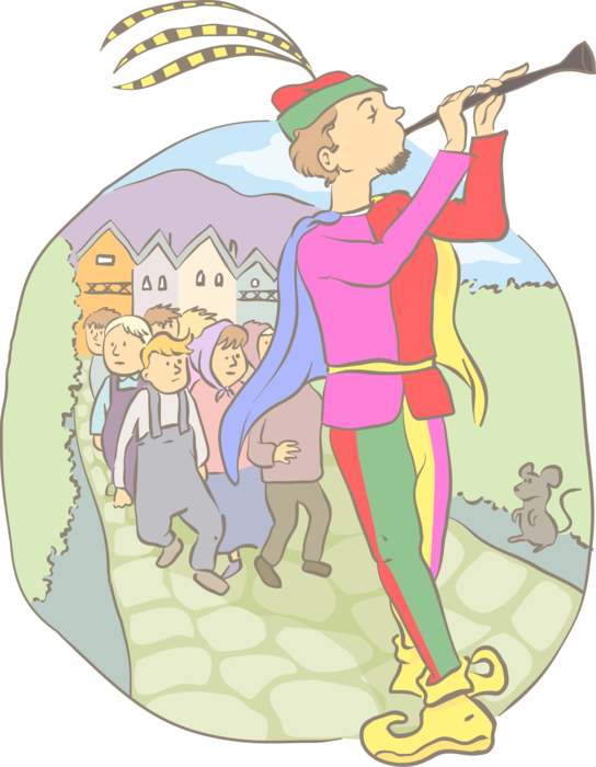 Vector Illustration of Legend of Pied Piper of Hamelin Rat-Catcher Luring Rats from Town
