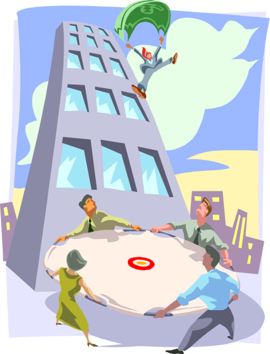 Vector Illustration of Man Parachuting with Colleagues Ready to Catch Him