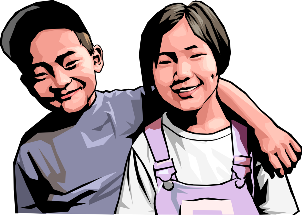 Vector Illustration of Brother and Sister Hug and Smile