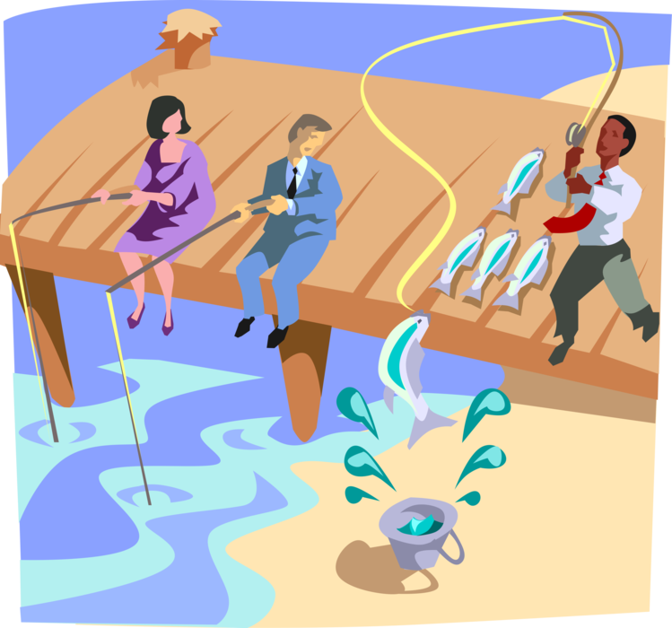 Vector Illustration of One Fisherman Angler Catches His Limit, While Two Others Fish with No Luck at All