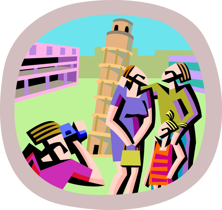 Vector Illustration of Tourists Pose for Photos at Leaning Tower of Pisa in Italy