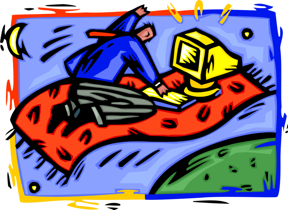 Vector Illustration of Businessman Magic Carpet Ride with Technology