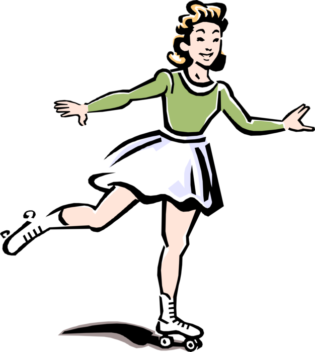Vector Illustration of 1950's Vintage Style Young Lady Rollerskater Roller Skating