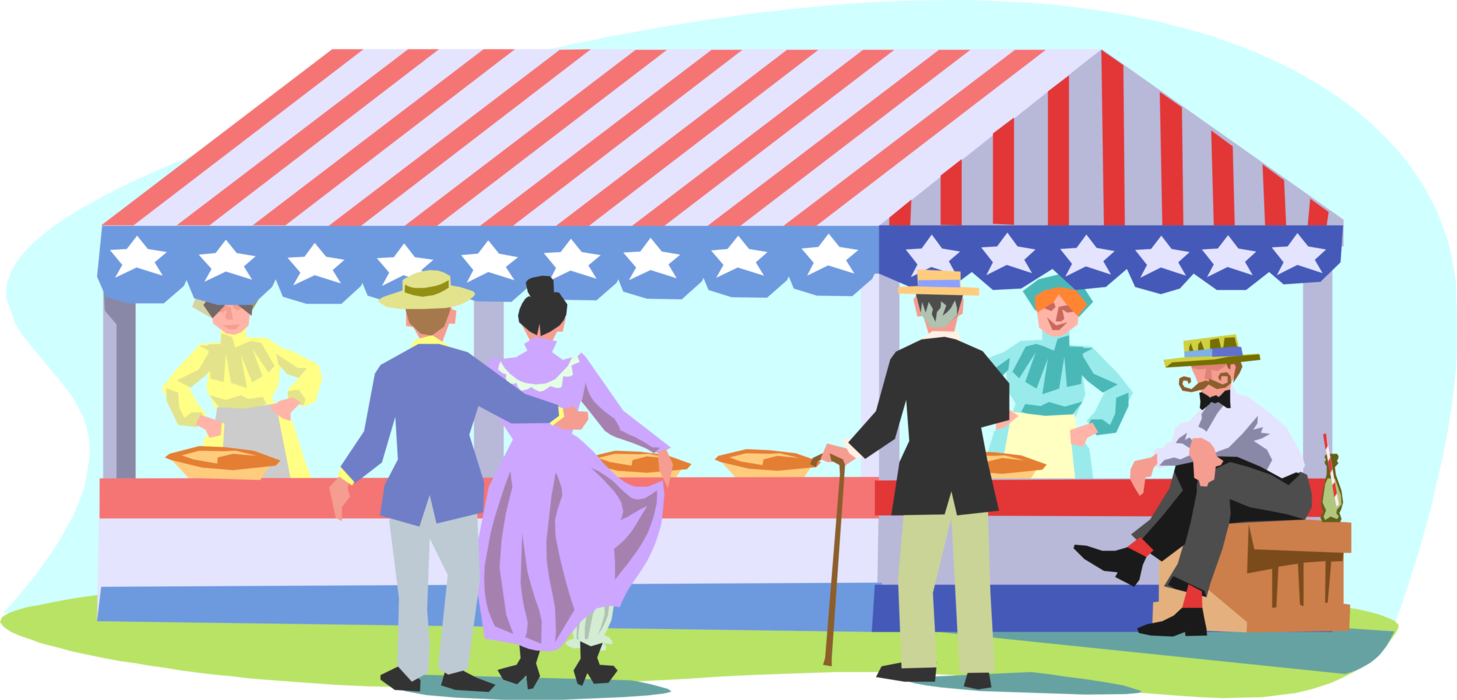 Vector Illustration of 19th Century Victorian Era People Sample Bakery Pies in Day at the Fair