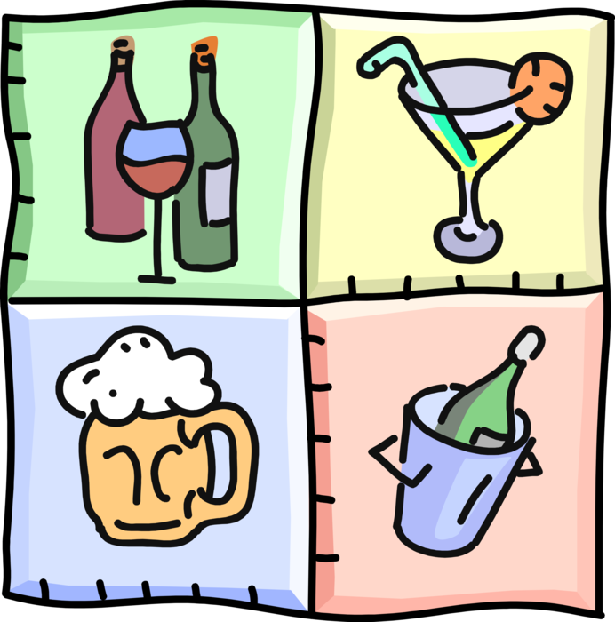 Vector Illustration of Refreshments with Wine, Cocktails, Beer and Chilled Champagne on Ice