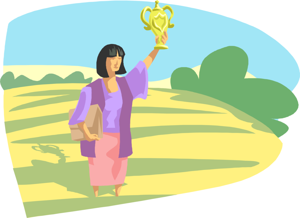 Vector Illustration of Woman with Trophy Award Recognizing Specific Achievement 