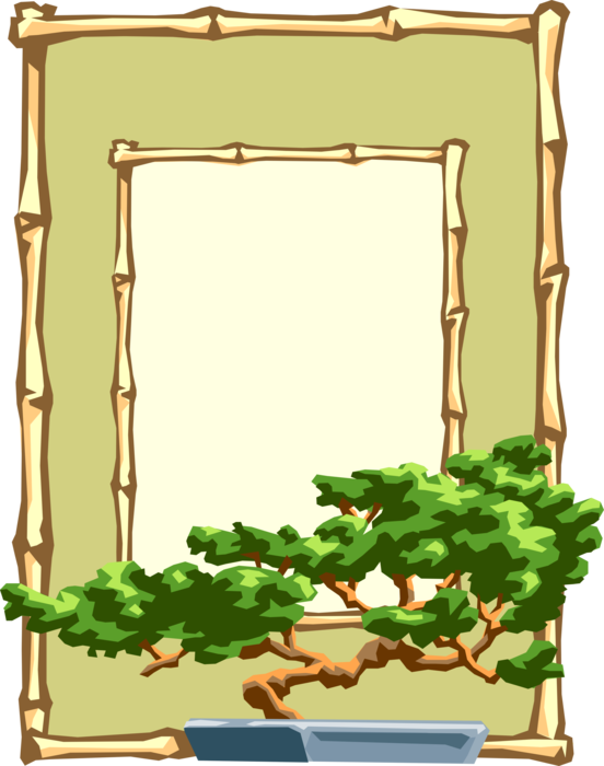 Vector Illustration of Bonsai Tree with Bamboo Frame Border