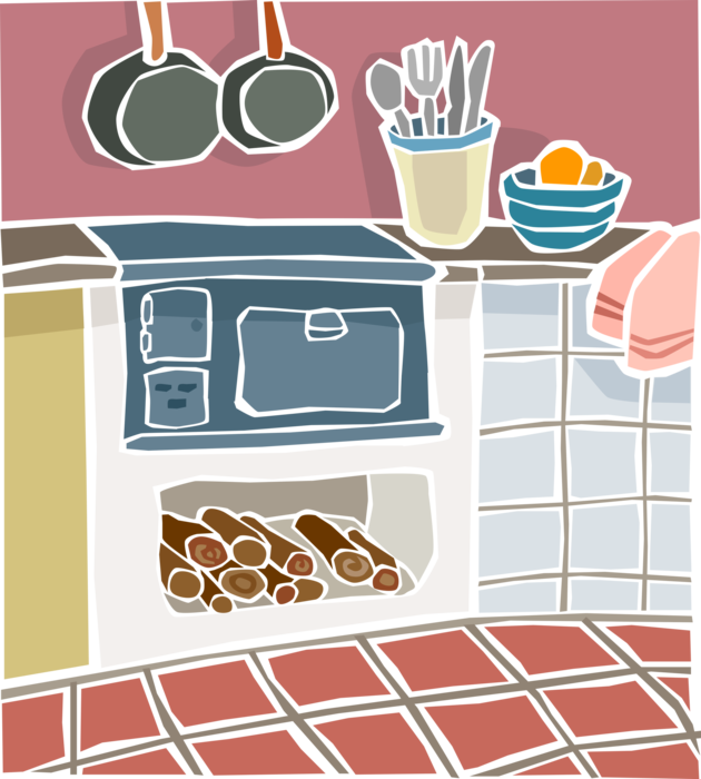 Vector Illustration of Kitchen Wood Stove with Firewood and Countertop