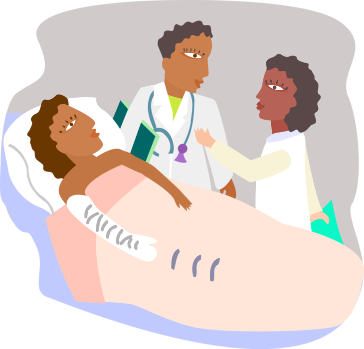 Vector Illustration of Hospital Patient in Bed with Broken Arm with Doctor and Nurse Consulting