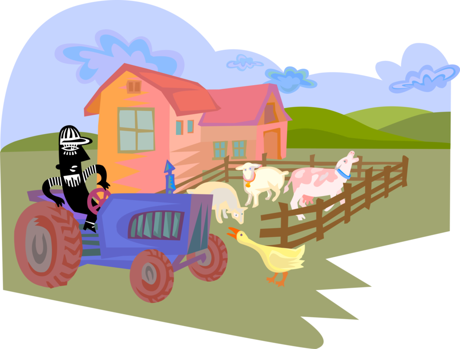 Vector Illustration of Farm Agriculture Livestock Animals with Tractor and Farmer
