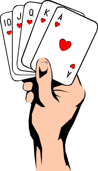 Vector Illustration of Hand Holding Gambling and Games of Chance Straight Flush Playing Cards 