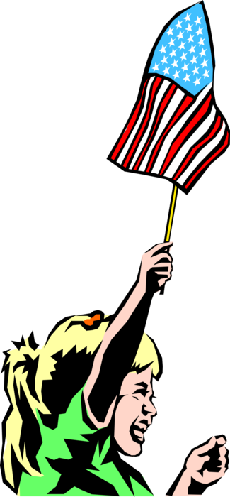 Vector Illustration of Young Girl Holds Up American Flag in Celebration