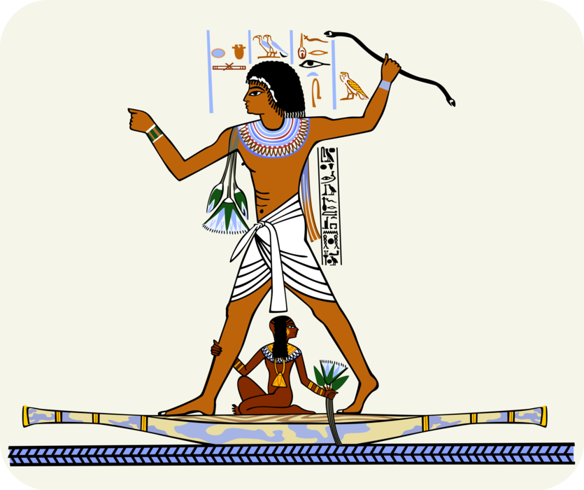 Vector Illustration of Tomb Painting Depicting Egyptian Man in Boat on Water