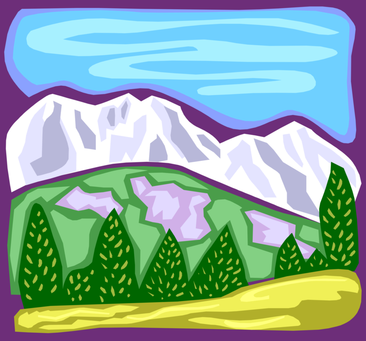 Vector Illustration of Mountain Scene with Hills and Forest