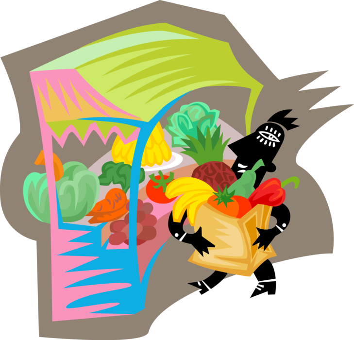 Vector Illustration of Human Figure Purchasing Fresh Fruit and Vegetables at Farmer's Produce Market 