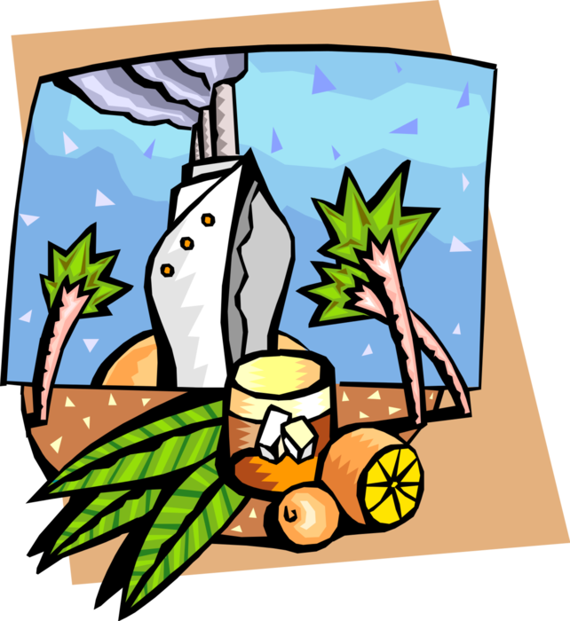 Vector Illustration of Cruise Ship at Island Port of Call with Palm Trees and Fruit Cocktail Drink