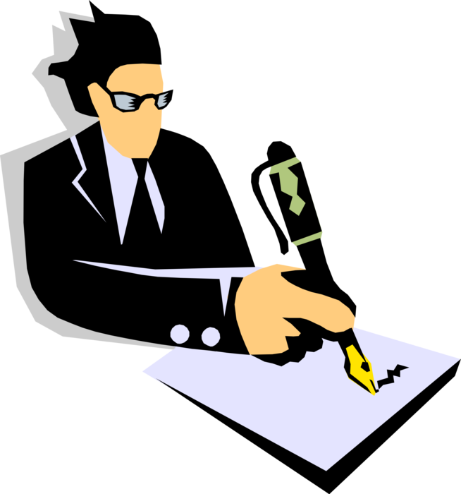 Vector Illustration of Businessman Writing on Paper with Fountain Pen