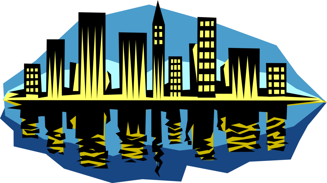 Vector Illustration of Urban Metropolitan City Skyline at Night with Reflection