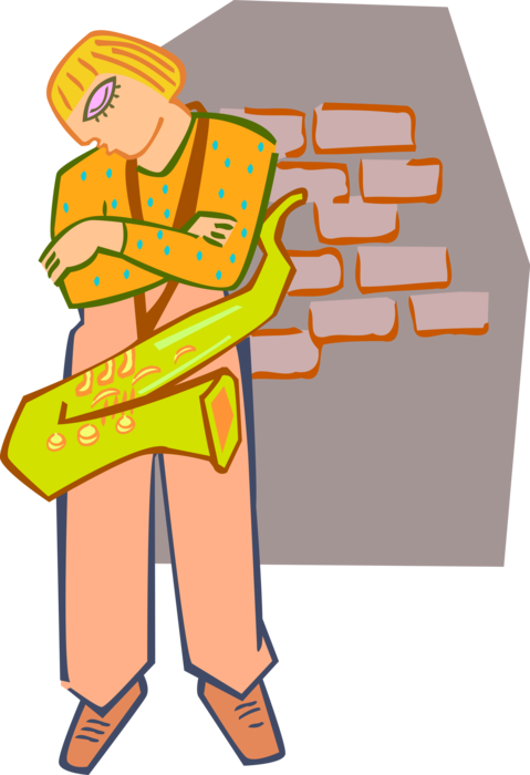Vector Illustration of Street Musician Plays Saxophone Single-Reed Mouthpiece Woodwind Instrument