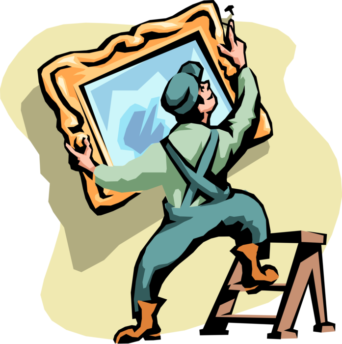 Vector Illustration of Professional Mover Removes Picture Frame from Wall