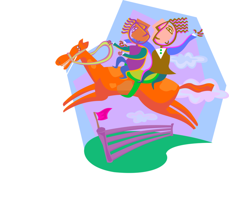 Vector Illustration of Riders with Equestrian Horse Jumping Over Fence