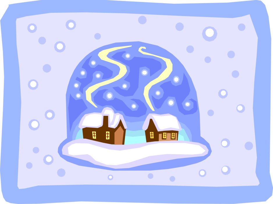 Vector Illustration of Cabins in Winter Snow Globe Ball