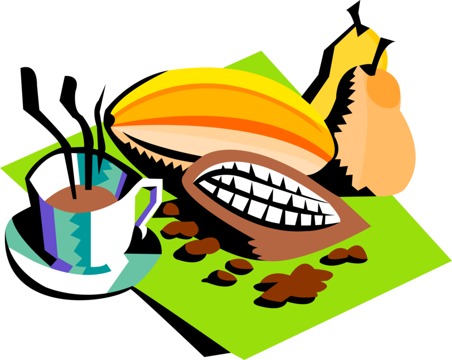 Vector Illustration of Hot Chocolate Drink with Cocoa Pods and Beans with Fruit Pears