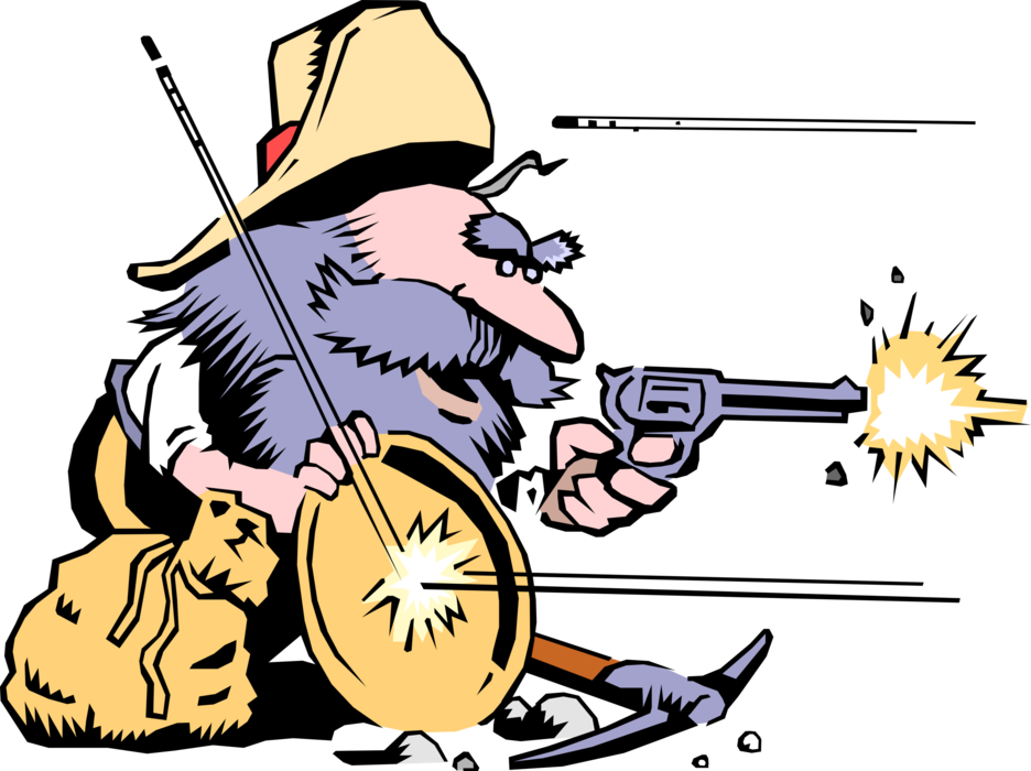 Vector Illustration of Gold Rush Prospector Miner Defends His Claim with Guns and Gunfire