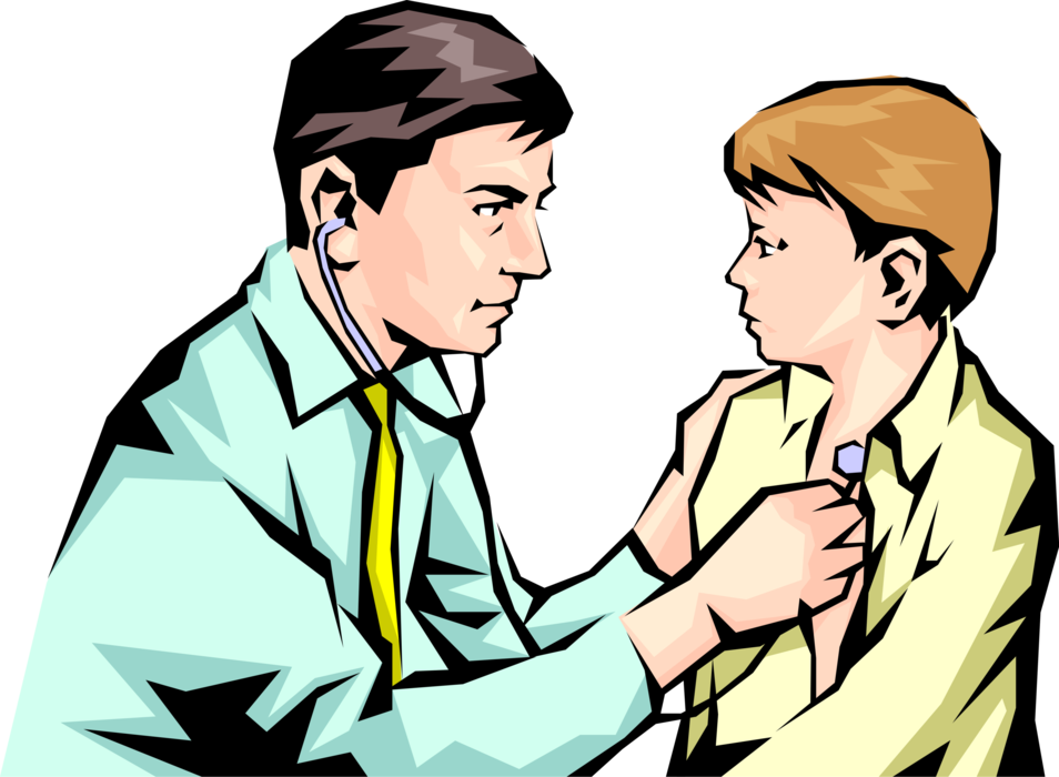 Vector Illustration of Doctor with Child Patient Tests Breathing with Stethoscope
