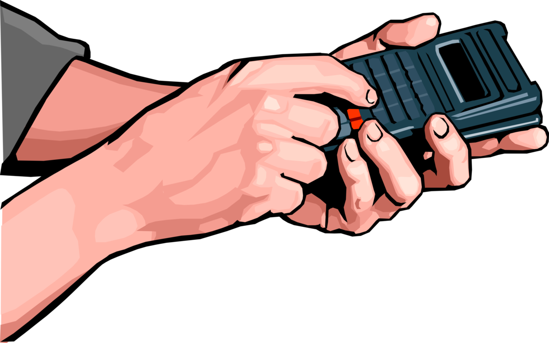 Vector Illustration of Hands with Calculator Portable Electronic Device Performs Basic Operations of Mathematics