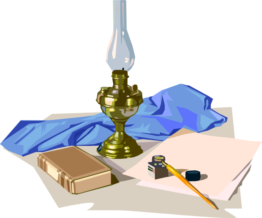 Vector Illustration of Kerosene Oil Lamp Hurricane Lantern with Pen, Inkwell and Writing Paper and Book
