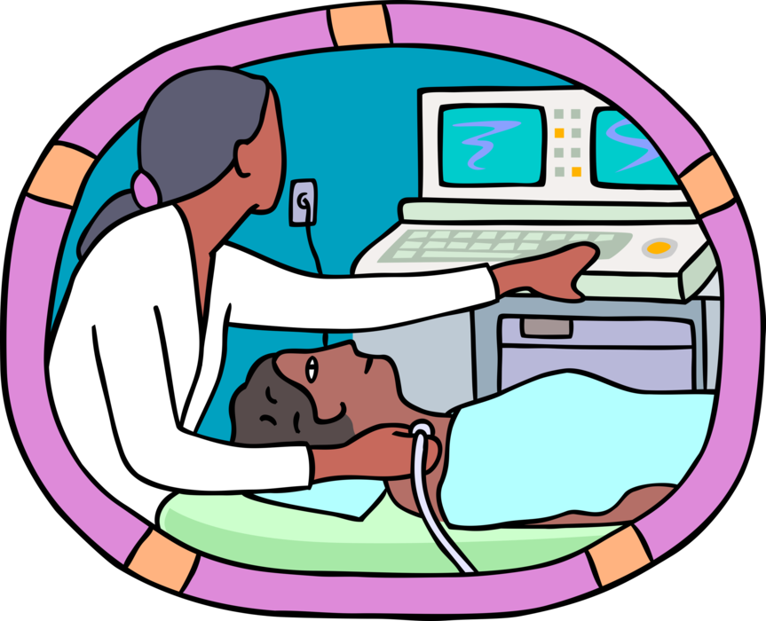 Vector Illustration of Ultrasound Sonography Imaging Technician Administers Test to Patient