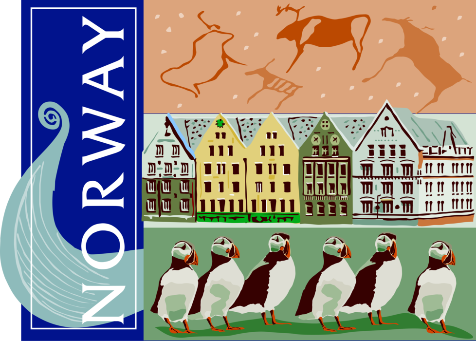 Vector Illustration of Norway Postcard Design Featuring Puffin Seabirds